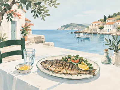 Illustrazione: Un ristorante di pesce a Solanas, quando preferisci restare in paese.