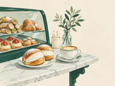 Illustrazione: Una colazione da scegliere davanti al banco della pasticceria.