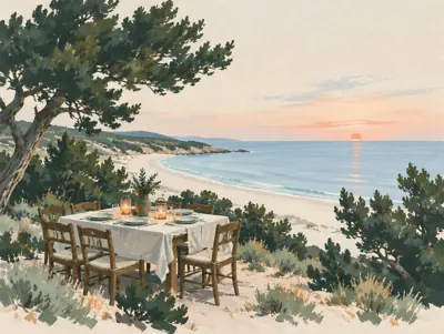 Illustration: Ein Restaurant für einen Tag an der Küste von Villasimius.
