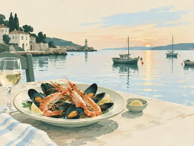 Illustration: Fisch am Wasser, für einen Abend am Hafen.