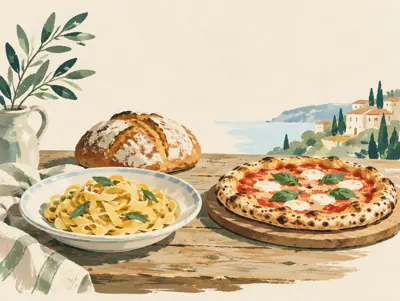 Illustration: Frische Pasta, Pizza und Brot: gut, wenn jeder etwas anderes möchte.