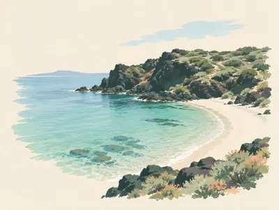 Illustration: Weißer Sand trifft auf eine dunkle vulkanische Landzunge in dieser Bucht von Castiadas.